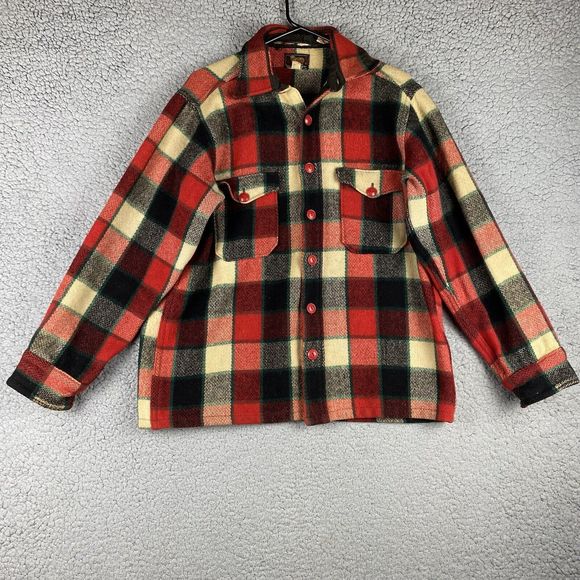 VTG WOOLRICH Wool Plaid Button Jacket Mens Size L Rare Plaid Thick Woolen Mills